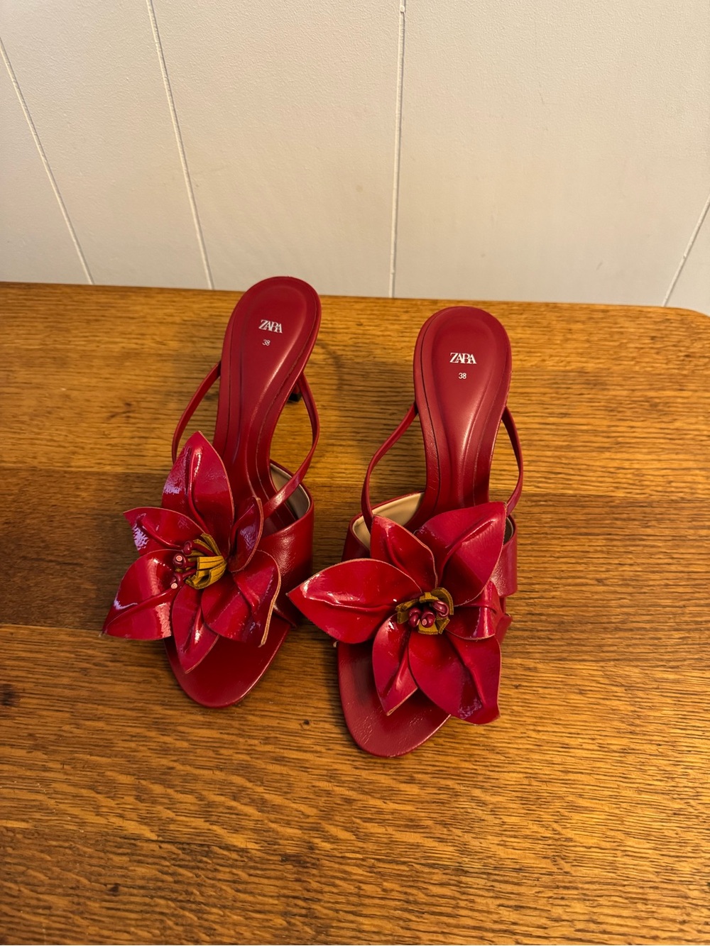Zara Red Floral Patent Sandal Heels with Statement Floral